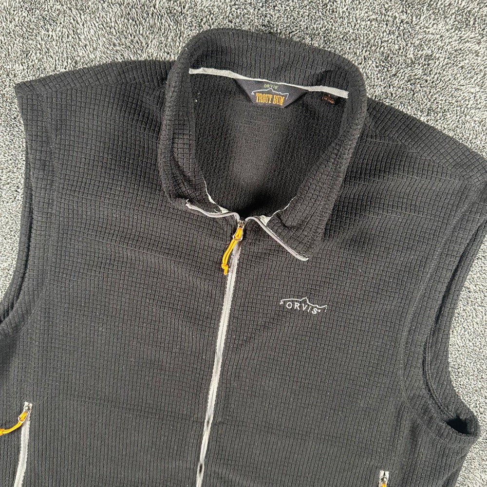 Orvis Vest Mens L Trout Bum Black Waffle Grid Fleece Full Zip Fishing Hiking
